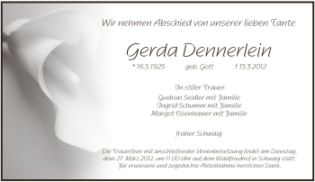 Traueranzeige von Gerda Dennerlein von Pegnitz-Zeitung